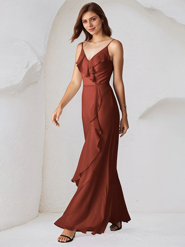 Rust Chiffon A Line Spaghetti Straps Sleeveless Floor Length Bridesmaid Dress