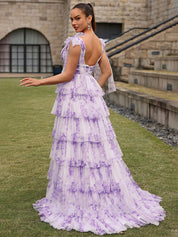 Purple Floral A Line V Neck Long Pleated Prom Dress With Slit