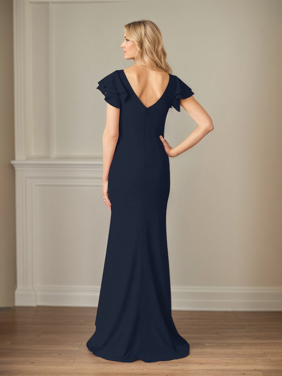 Sheath/Column Chiffon Scoop Neck Short Sleeves Floor Length Mother of the Bride Dresses With Ruffles