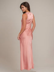 Pink Satin Sheath/Column V Neck Sleeveless Floor Length Bridesmaid Dress