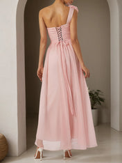 Pink 3D Floral Chiffon One Shoulder Sleeveless Sheath Gown Dress
