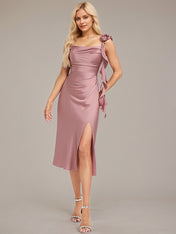 Vintage Mauve A-Line Spaghetti Straps Tea-Length Satin Bridesmaid Dress With 3D Floral