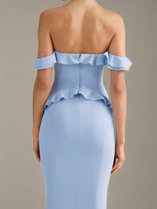 Light Blue Chiffon Sheath/Column Off The Shoulder Floor Length Bridesmaid Dresses