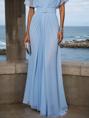 Light Blue Ruched Chiffon Crew Neck Short Sleeve A-Line Maxi Dress