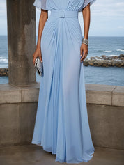 Light Blue Ruched Chiffon Crew Neck Short Sleeve A-Line Maxi Dress