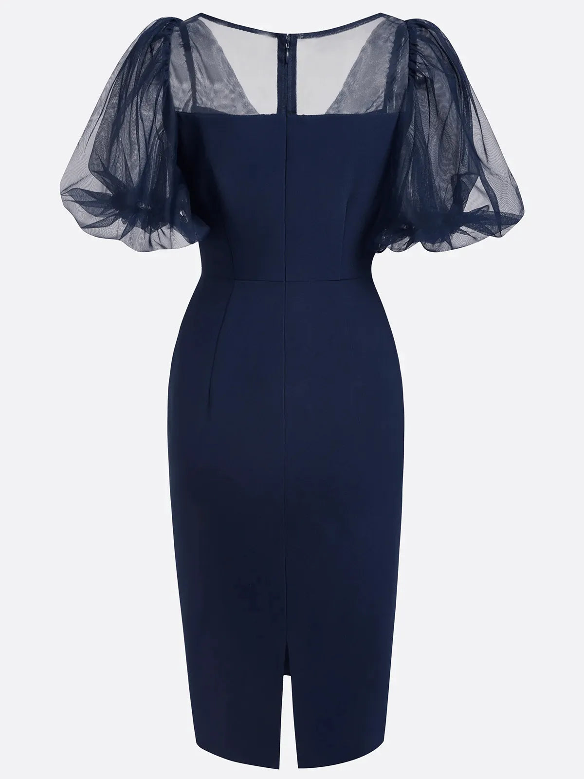 Purplish Blue V Neck Puff Sleeve Sheath Midi Dress