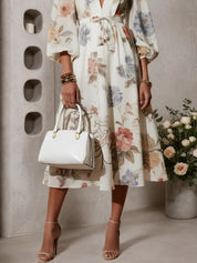 White Floral Chiffon V Neck Long Sleeve Balloon Sleeve A-Line Midi Dress