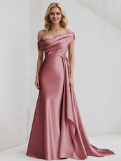 A Line Satin One Shoulder Sleeveless Floor Length Dress
