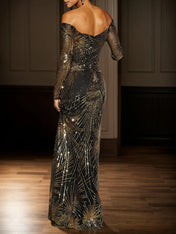 Golden-Black Off The Shoulder Gown Mermaid Sequin Dress