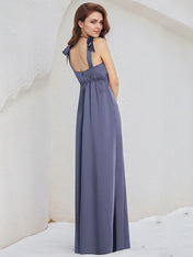 A Line Satin Square Neck Sleeveless Floor Length Bridesmaid Dresses With Bow