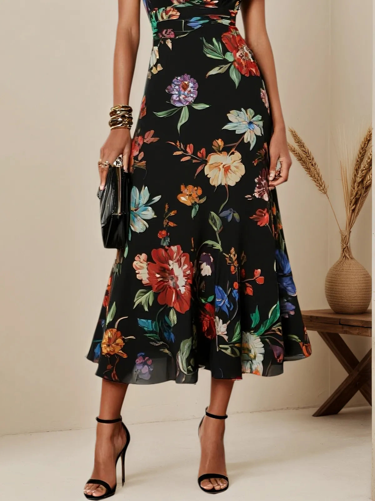 Black Floral Chiffon V Neck Short Sleeve Bell Sleeve A-Line Midi Dress