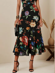 Black Floral Chiffon V Neck Short Sleeve Bell Sleeve A-Line Midi Dress