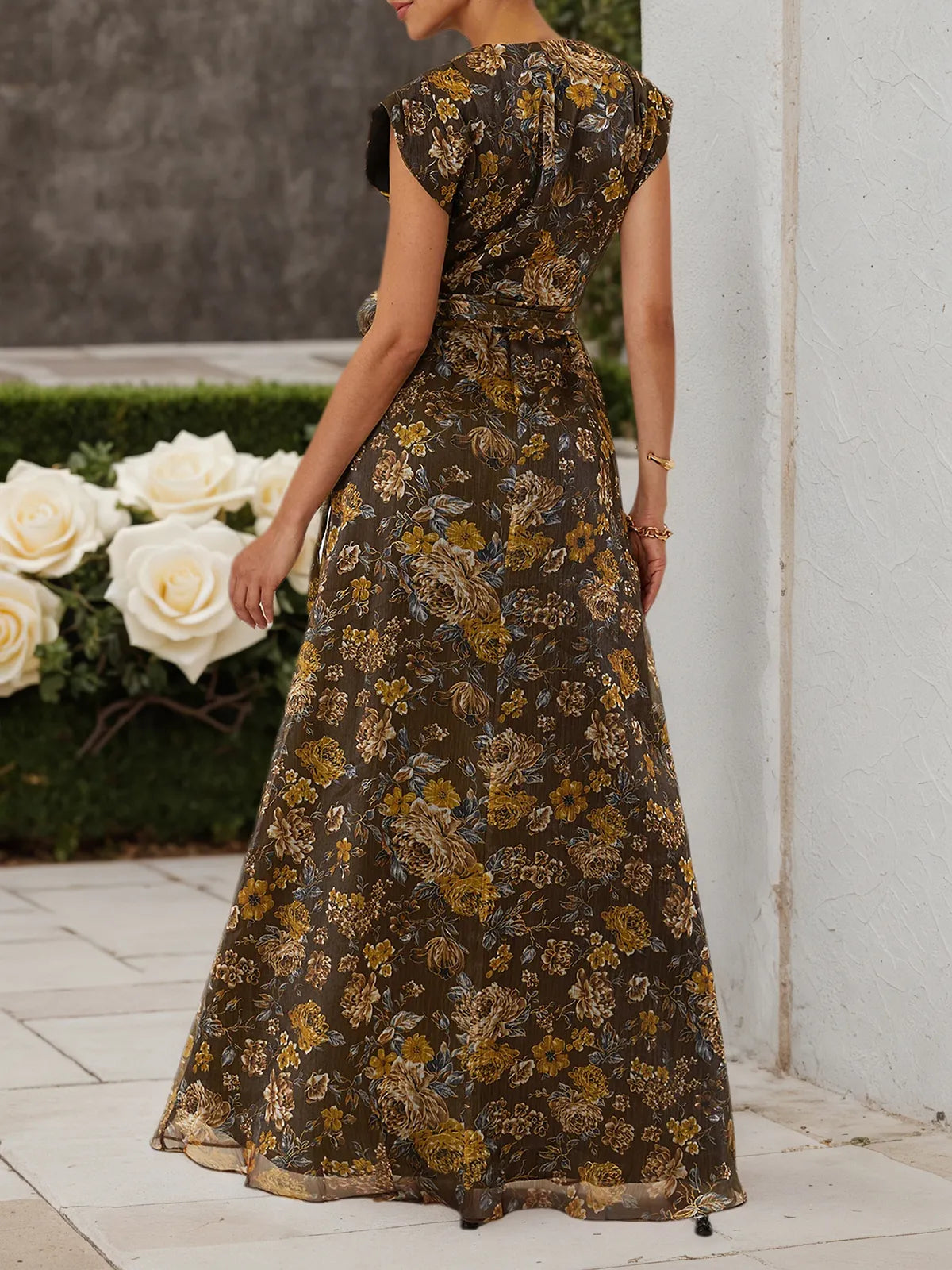 Brown Floral Wrap Dress V Neck Sleeveless A-Line Maxi Dress