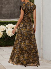 Brown Floral Wrap Dress V Neck Sleeveless A-Line Maxi Dress