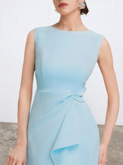 Light Blue Sleeveless Midi Elegant A-line Dress with Waist Twist for Day-to-Night