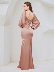 Dusty Rose Satin Sheath/Column Off the Shoulder Long Sleeves Floor Length Bridesmaid Dress