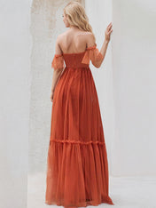 Burnt Orange Tulle A Line Sweetheart Short Sleeves Floor Length Bridesmaid Dress