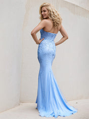 Blue Tulle Halter Neck Sleeveless Floor Length Bridesmaid Dress With Appliques