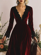 Fashion Retro V-neck Lace Splicing Long Sleeve Maxi Dress