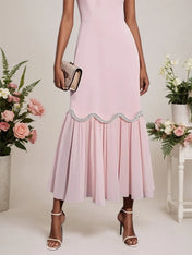 Pink Rhinestone Classic Sweetheart Neckline Short Sleeve A-Line Maxi Dress