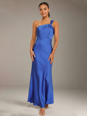 Cobalt Blue Satin Sheath/Column One shoulder Ankle Length Bridesmaid Dresses