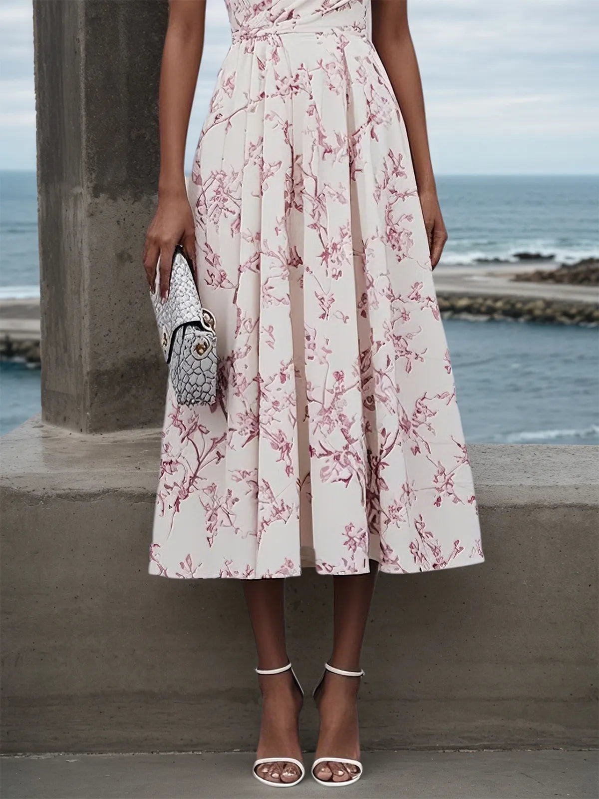 Pink One Shoulder Floral Sleeveless A-Line Midi Dress