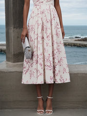 Pink One Shoulder Floral Sleeveless A-Line Midi Dress
