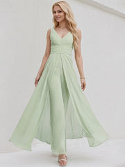 Celadon Chiffon Jumpsuit/Pantsuit V Neck Sleeveless Floor Length Bridesmaid Dress