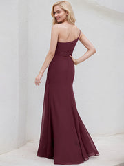 Cabernet Chiffon A Line One Shoulder Sleeveless Floor Length Bridesmaid Dress