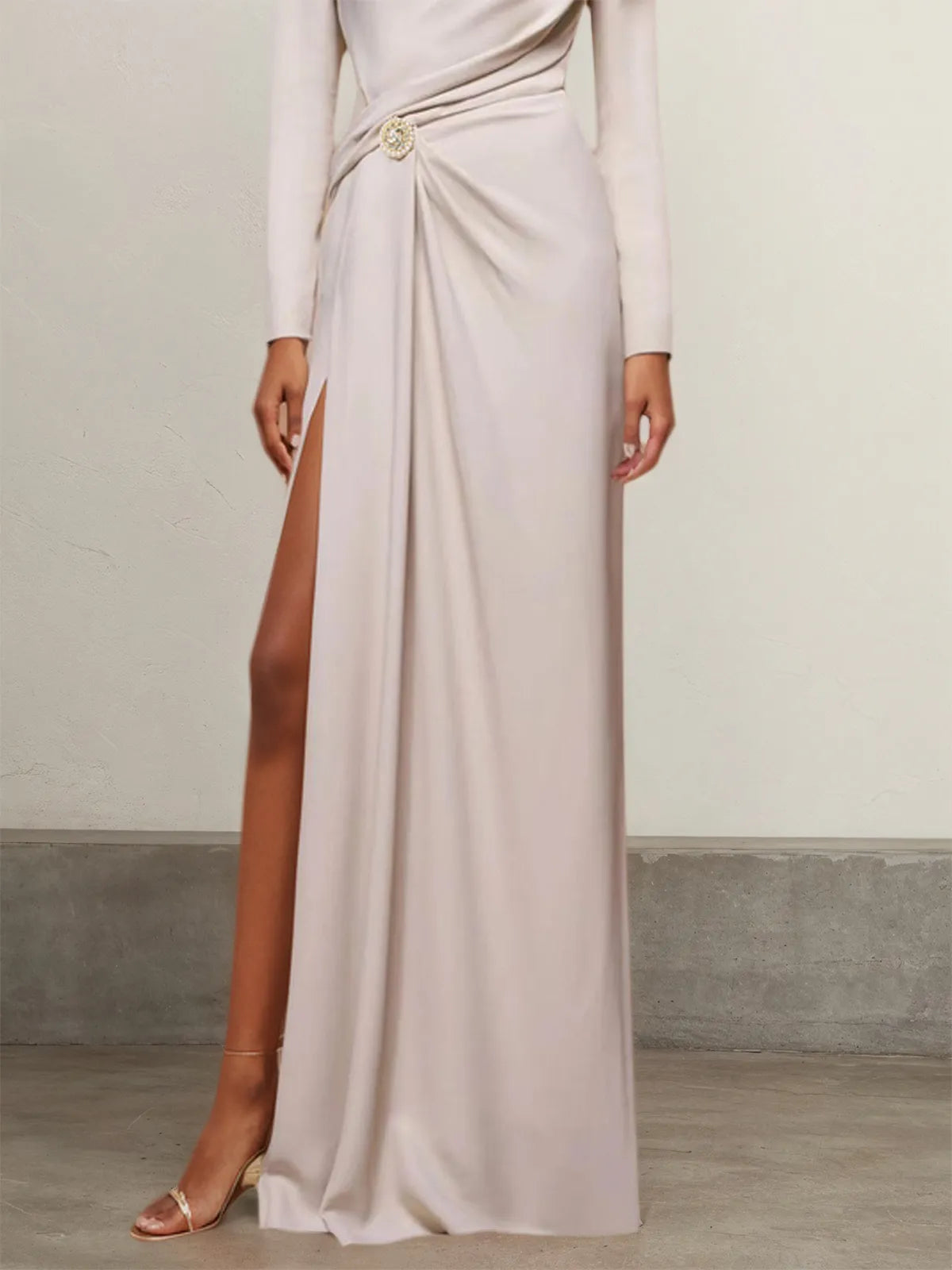 Apricot Ruched Long Sleeve Slit Shift Maxi Dress