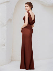 Burgundy Chiffon Sheath/Column V Neck Sleeveless Floor Length Bridesmaid Dress