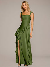 Olive Green Sheath/Column Satin Square Neck Sleeveless Floor Length Dresses