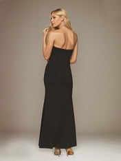 Black Stretch Crepe Off the Shoulder Sleeveless Ankle Length Dress With 3D Flower