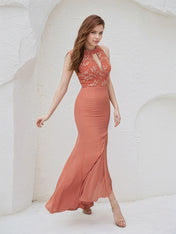 Salmon Chiffon Sheath/Column Halter Neck Sleeveless Asymmetrical Bridesmaid Dress