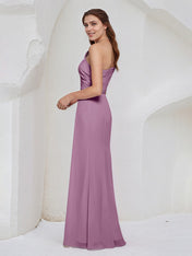 Orchid Chiffon A Line One Shoulder Sleeveless Floor Length Bridesmaid Dress
