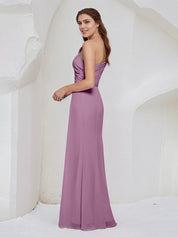 Orchid Chiffon A Line One Shoulder Sleeveless Floor Length Bridesmaid Dress