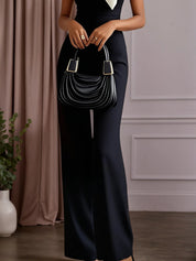Women Black Bow Boat Neck Short Sleeve Dressy Jumpsuit