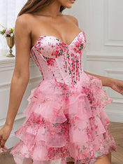 Flower A-Line Strapless Tiered Tulle Sweetheart Homecoming Dress