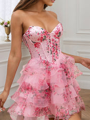 Pink Flower A-Line Strapless Tiered Tulle Sweetheart Homecoming Dress
