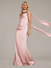 Pink Sheath/Column Satin Off The Shoulder Sleeveless Floor Length Dress