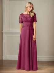 A Line Chiffon Scoop Neck Short Sleeves Floor Length Mother of the Bride Dresses With Appliques