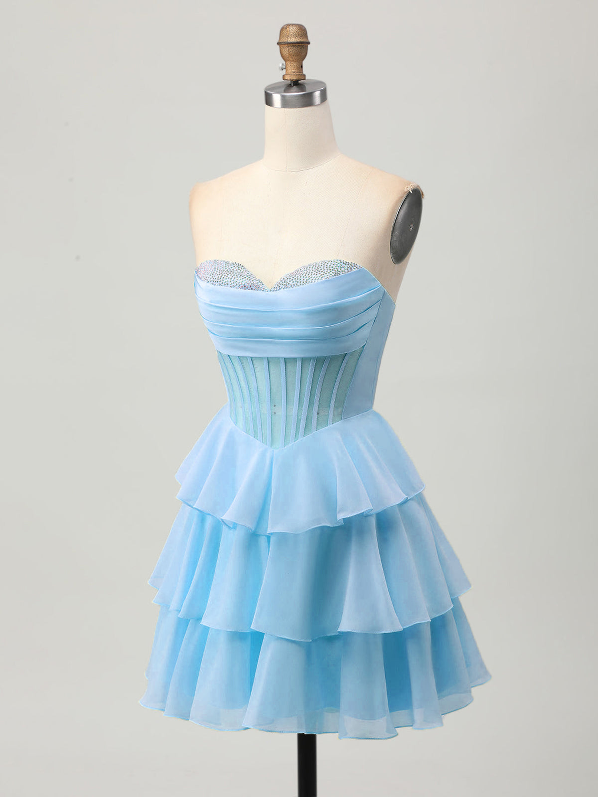 Blue A Line Strapless Tiered Corset Beaded Homecoming Dress