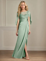 Sheath/Column Satin Scoop Neck Cap Sleeves Floor Length Mother Of The Bride Dresses