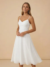 White Spaghetti Strap Chiffon V-Neck A-Line Midi Wedding Dress with Pleat