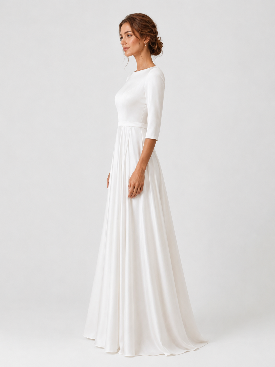 Elegant Boat Neck Satin A-Line Wedding Dress with Half Sleeves and Sweep Train