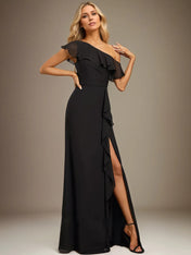 Sheath/Column One Shoulder Floor-Length Chiffon Dress With Cascading Ruffles