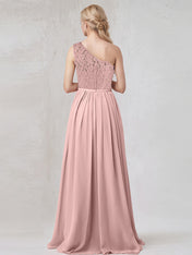Dusty Rose Chiffon A Line One Shoulder Floor Length Bridesmaid Dress With Appliques