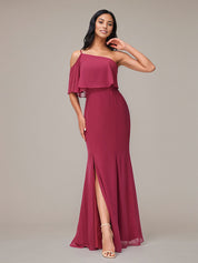 Mulberry Sheath/Column Chiffon One Shoulder Sleeveless Floor-Length Bridesmaid Dresses