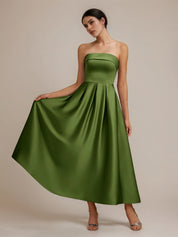 Green Satin A Line Off The Shoulder Sleeveless Ankle Length Bridesmaid Dress