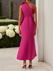 Rose Red Ruffled One-Shoulder Slit A-Line Maxi Dress